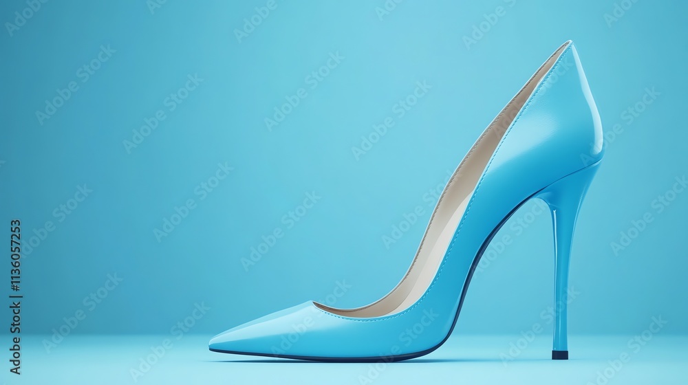 A single blue high heeled pump on a blue background. A single blue high heeled pump on a blue background.