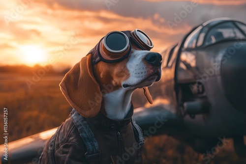 dog dressed as a pilot wearing aviator goggles near vintage airplane on runway at sunset with aviation theme and adventure photo