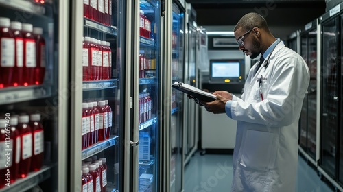 Blood bank storage area with refrigerated units, rows of labeled blood bags, a technician reviewing inventory logs