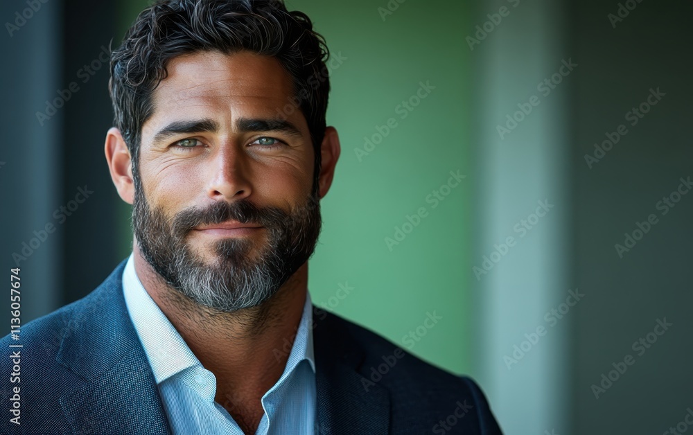 Confident businessman with a stylish beard poses indoors in a modern setting during the daytime Confident businessman with a stylish beard poses indoors in a modern setting during the daytime