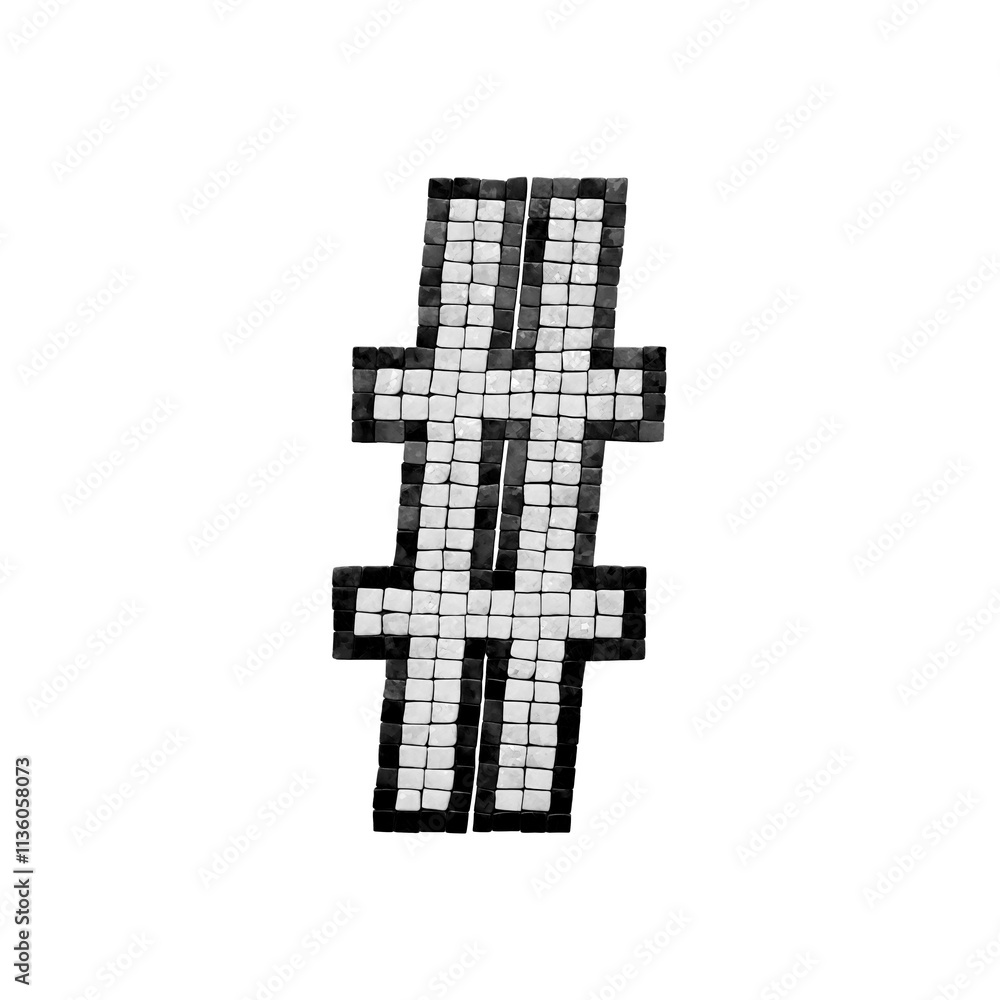 Obraz premium A mosaic number sign made up of small square tiles in black and white colors.