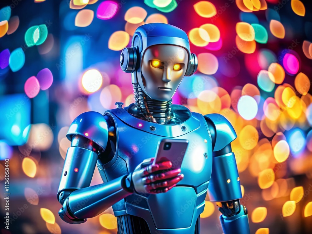 Blue Robot Holding a Smartphone Amidst a Dreamy Bokeh Background, Showcasing Technology and Innovation in a Futuristic Setting for Stock Photo Enthusiasts Blue Robot Holding a Smartphone Amidst a Dreamy Bokeh Background, Showcasing Technology and Innovation in a Futuristic Setting for Stock Photo Enthusiasts