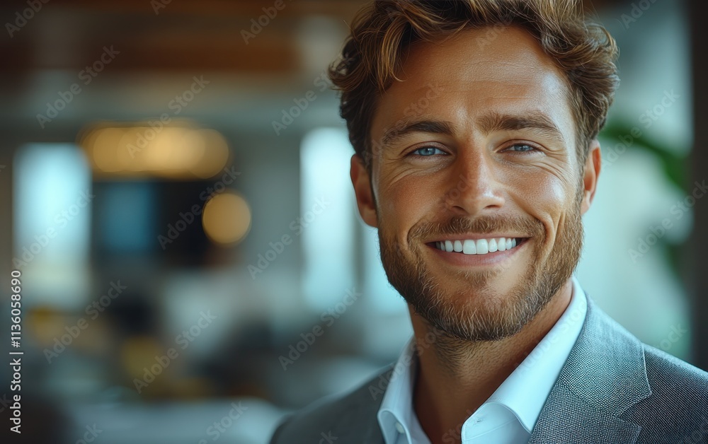 Confident man smiling in a modern indoor setting during a bright day with soft lighting Confident man smiling in a modern indoor setting during a bright day with soft lighting