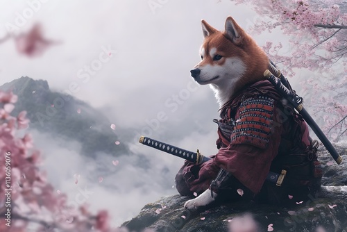 samurai Shiba inu dog warrior standing under blooming cherry blossoms, wearing armor and holding katana swords in peaceful scenery photo