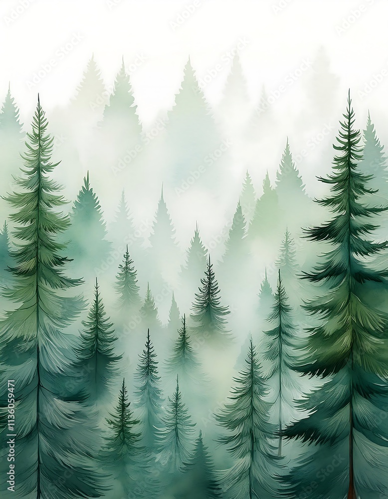 Obraz premium Foggy spruce forest pattern with scattered fir trees under misty gradients in serene nature. Generative AI