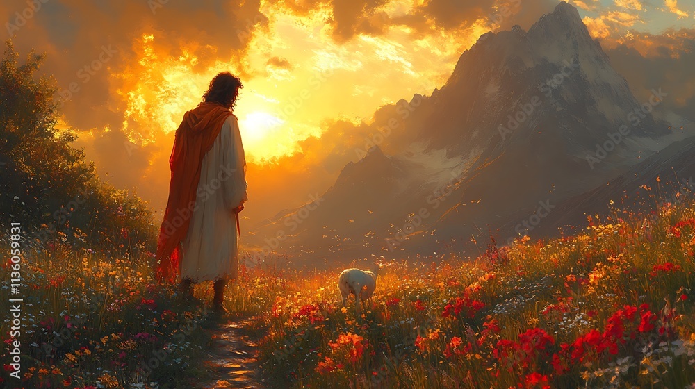 Obraz premium Jesus Walks Towards Sunset With A Lamb