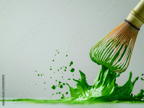 Creating vibrant matcha whisk with splashes of green paint photo