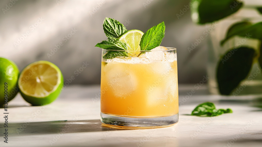 Refreshing cocktail with mint and lime garnish, perfect for summer Refreshing cocktail with mint and lime garnish, perfect for summer