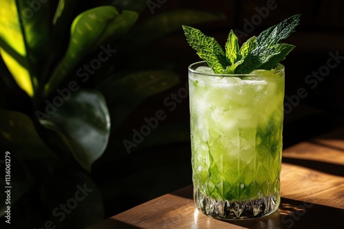 Aloe mojito cocktail, effervescent, dreamy, bright, garnished with mint, Food Photography 