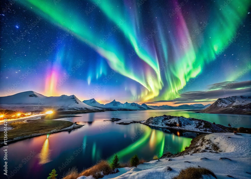 Breathtaking Aurora Borealis Illuminating the Night Sky Over Serene Landscape with Copy Space for Text and Documenting Nature's Wonders Breathtaking Aurora Borealis Illuminating the Night Sky Over Serene Landscape with Copy Space for Text and Documenting Nature's Wonders