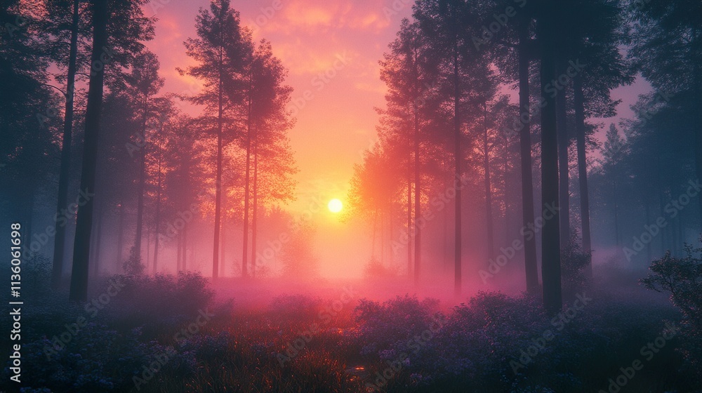 Fototapeta premium Sunset in a Misty Forest: A Serene Landscape