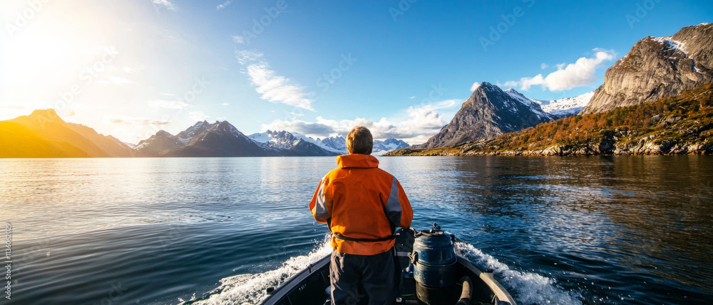 Exploring serene waters, man in orange jacket navigates boat surrounded by mountains
