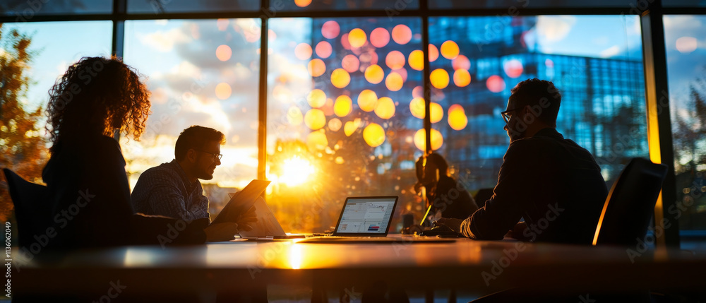 Research team brainstorming with sunset view and city lights in background Research team brainstorming with sunset view and city lights in background