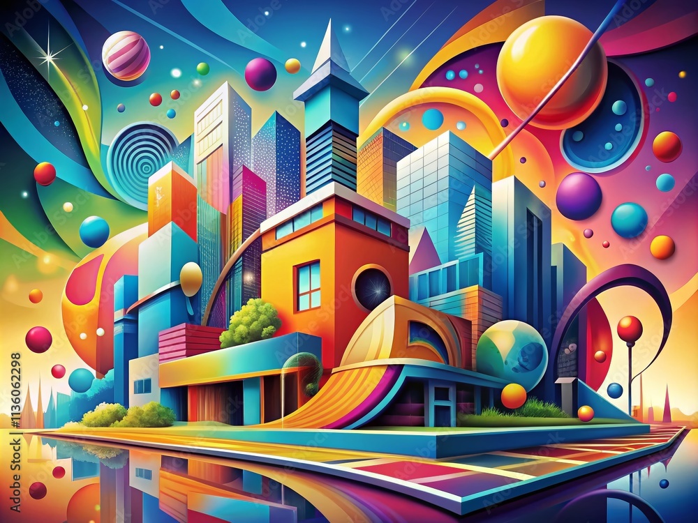 Fototapeta premium Bright Abstract Architectural Background with Dynamic Shapes and Characters in Vivid Colors, Showcasing Modern Design Elements and Artistic Flair for Creative Projects