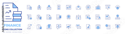 Finance icons collection. Line Duotone style, editable stroke. profits, price list, money, presentation, report, taxes, invoice, graph, finance, payday, document, check, badge