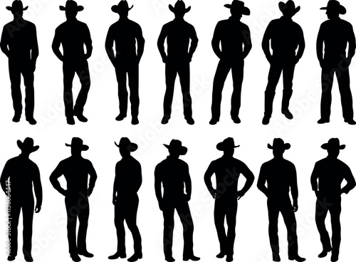 Set of standing cowboys pose silhouette vector illustrations