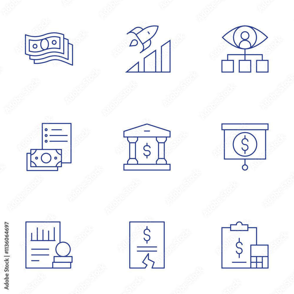 Finance icons set. Thin Line style, editable stroke. advancement, bank, budget, consultant, economy, finance, money, notes, profit Finance icons set. Thin Line style, editable stroke. advancement, bank, budget, consultant, economy, finance, money, notes, profit