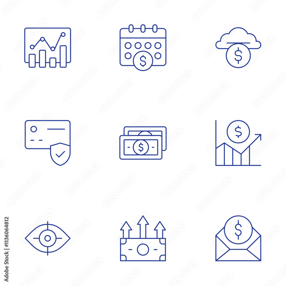 Finance icons set. Thin Line style, editable stroke. calendar, cash, cloud, grow, profits, strategy, subsidy, transaction, vision Finance icons set. Thin Line style, editable stroke. calendar, cash, cloud, grow, profits, strategy, subsidy, transaction, vision