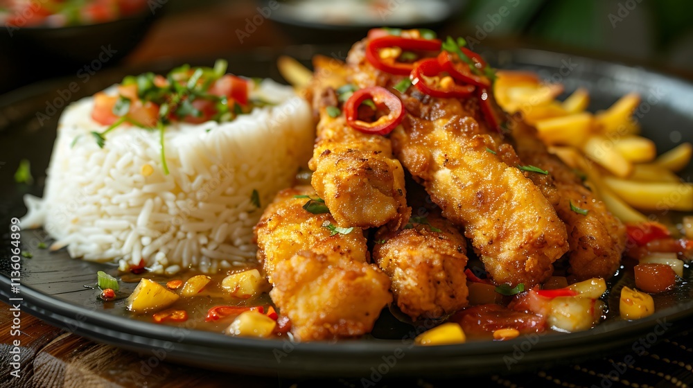 Golden fried yucca and delicious chicken chunks garnished with rice Golden fried yucca and delicious chicken chunks garnished with rice