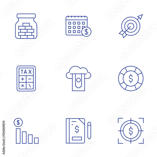 Finance icons set. Thin Line style, editable stroke. calendar, cloud, goal, graphic, help, record book, saving money, target, tax calculate