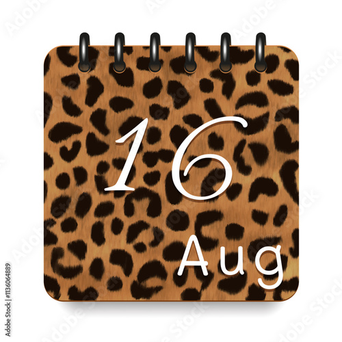 August. Leopard print calendar daily icon. White letters. Date day week Sunday, Monday, Tuesday, Wednesday, Thursday, Friday, Saturday.