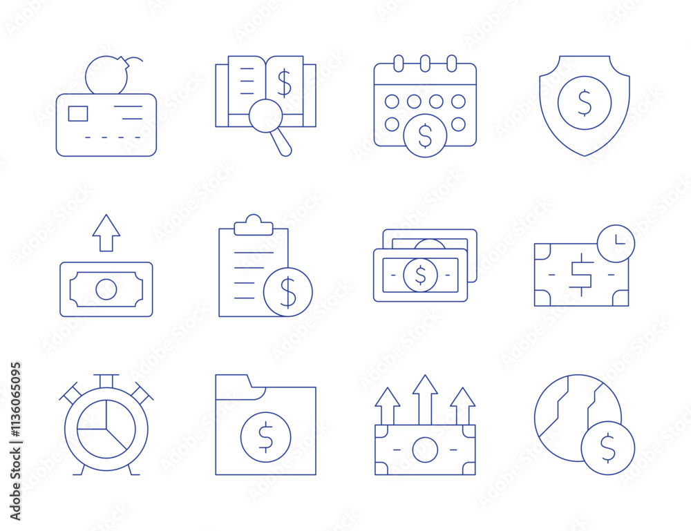 Finance icons. Thin Line style, editable stroke. calendar, cash, profits, liability, money, pie chart, shield, time is money, world, audit, budget, finance Finance icons. Thin Line style, editable stroke. calendar, cash, profits, liability, money, pie chart, shield, time is money, world, audit, budget, finance