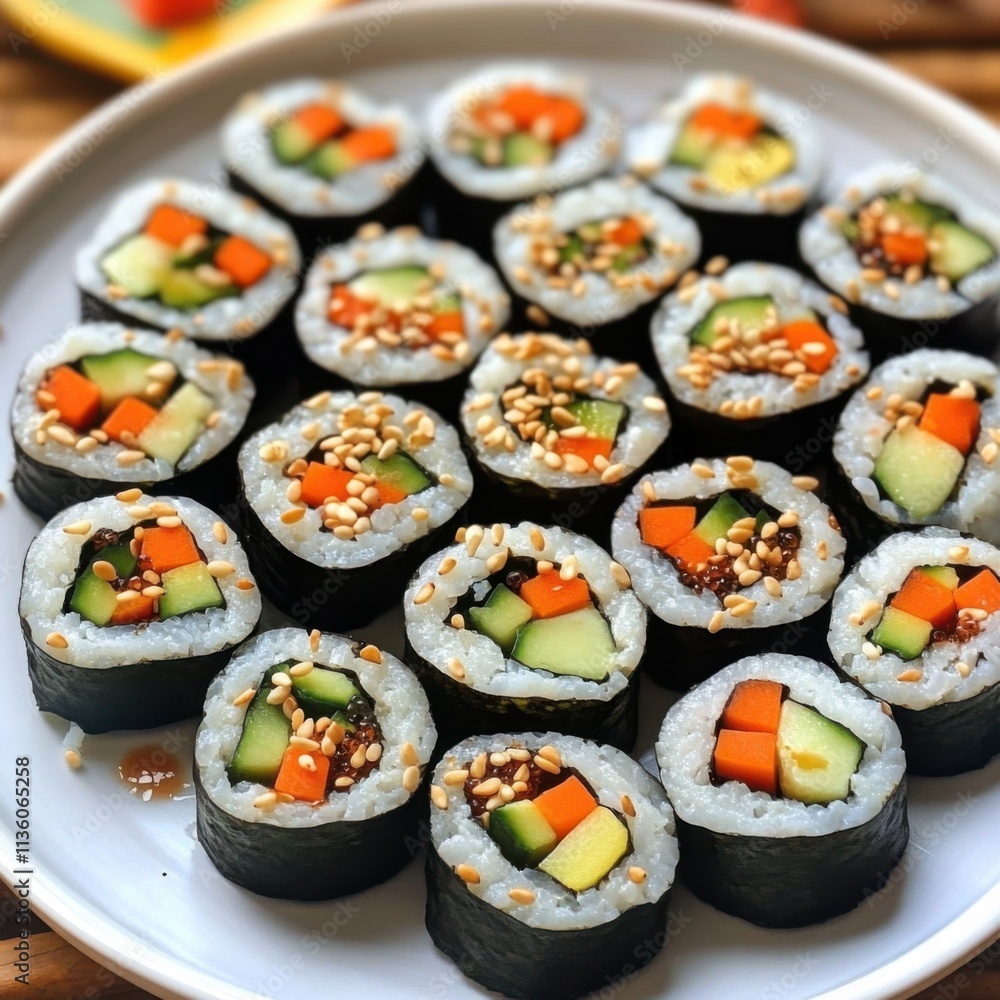 A platter of colorful vegetable sushi rolls filled with cucumber, avocado, and carrot A platter of colorful vegetable sushi rolls filled with cucumber, avocado, and carrot