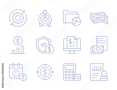 Finance icons. Thin Line style, editable stroke. goal, guarantee, target, analytics, billing, calculator, money, notes, profit, development, finance, payday