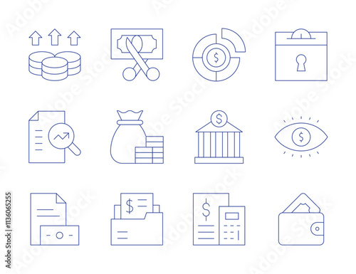 Finance icons. Thin Line style, editable stroke. profits, research, salary, savings, vision, wallet, cut, finance, folder, allocation, bank, budget