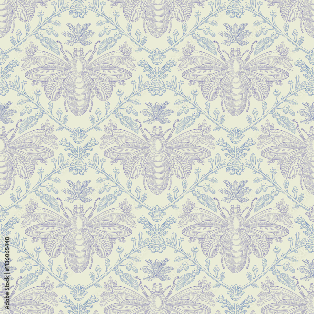 Fototapeta premium Bee and Floral Seamless Pattern: Elegant Vector Illustration for Fabrics, Wallpapers, and Packaging Design