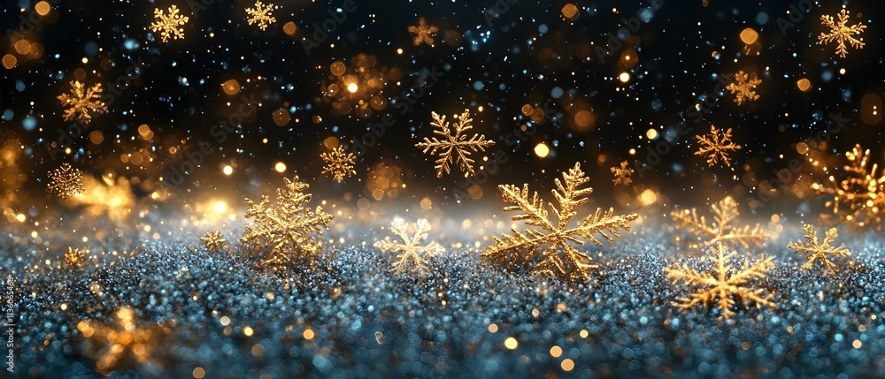 Naklejka premium aqua, gold and white snowflakes patten at black backdrop. christmas design, winter season, snowflakes pattern