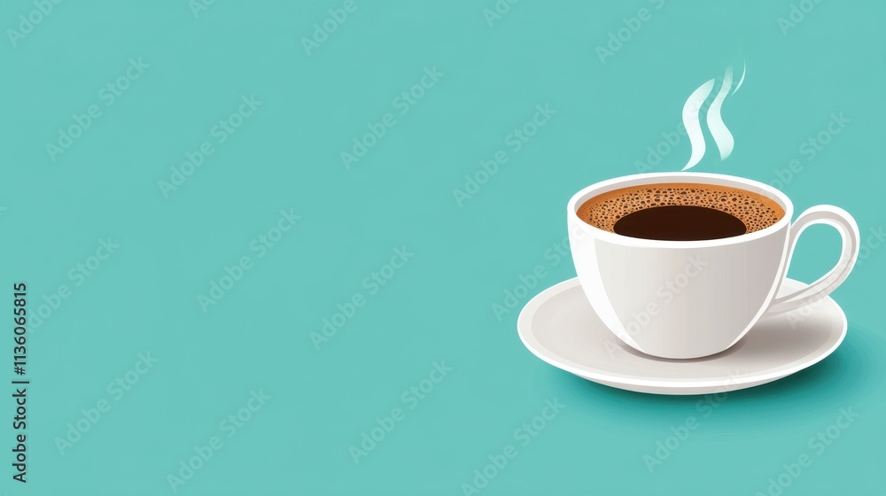 Hot Coffee in Elegant White Cup on Minimalist Turquoise Background with Steam Rising Upward Hot Coffee in Elegant White Cup on Minimalist Turquoise Background with Steam Rising Upward