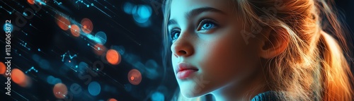 Blond teen girl with a thoughtful expression, illuminated by digital thought patterns, creative thinking concept, futuristic design, technologyinspired, vibrant neon colors photo