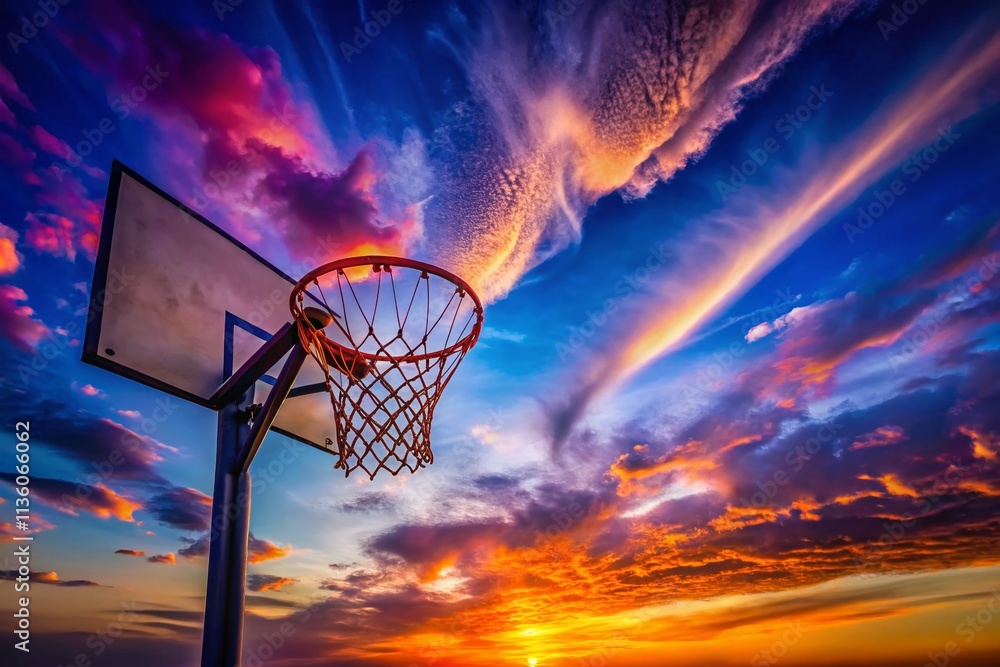 Captivating Basketball Hoop Silhouetted Against a Stunning Twilight Sky with Vibrant Colors and Soft Clouds for a Serene Evening Scene Captivating Basketball Hoop Silhouetted Against a Stunning Twilight Sky with Vibrant Colors and Soft Clouds for a Serene Evening Scene
