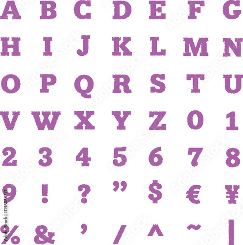 鈍い紫色の、掠れたアルファベット大文字と数字と記号