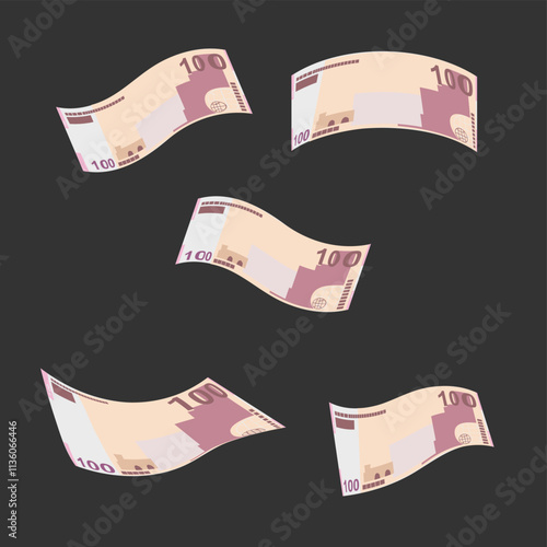 Azerbaijan Manat Vector Illustration. Azerbaijani money set bundle banknotes.  Falling, flying money 100 AZN. Flat style. Isolated on white background. Simple minimal design.