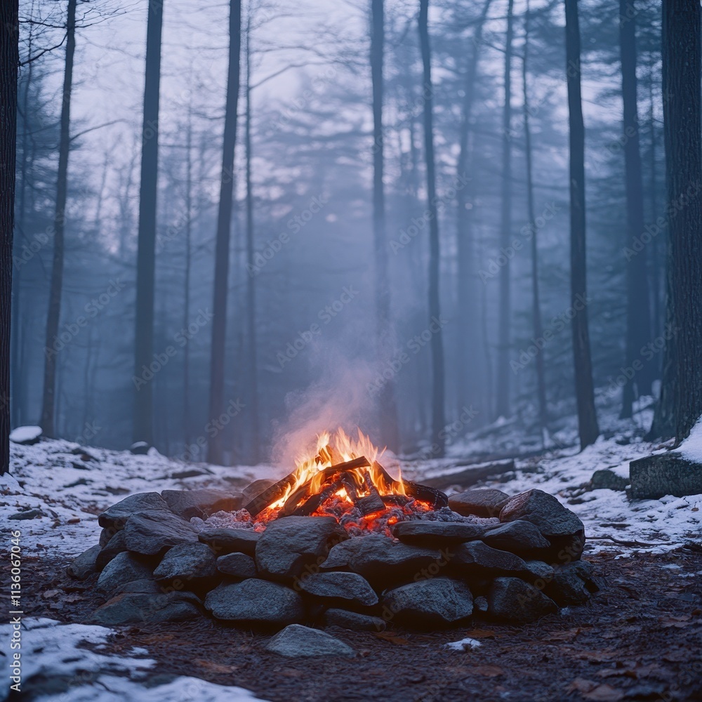 Campfire Crackling in a Snowy Forest with Smoke Rising into the Sky Campfire Crackling in a Snowy Forest with Smoke Rising into the Sky