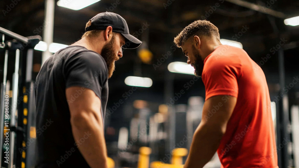 Motivational weightlifting coach guiding trainee in gym setting Motivational weightlifting coach guiding trainee in gym setting