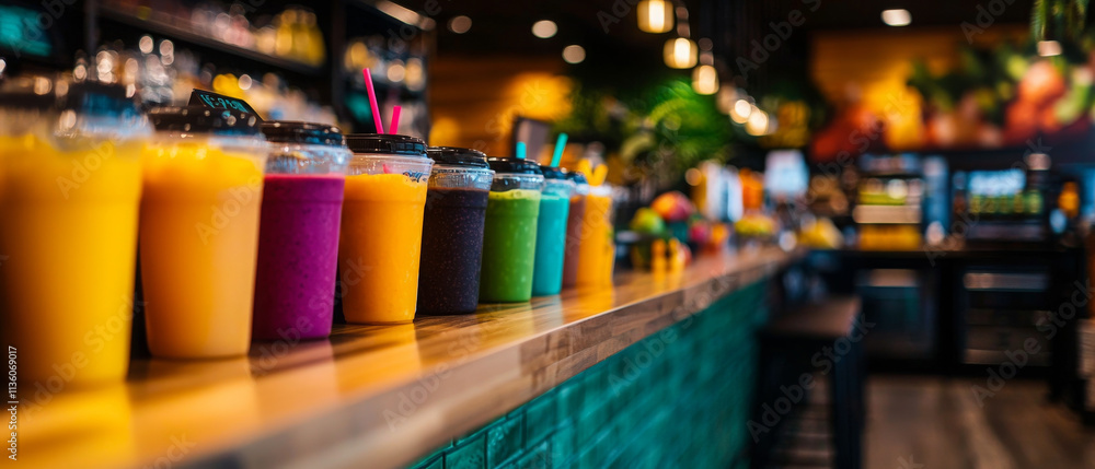 Vibrant smoothie bar with colorful drinks lined up on counter Vibrant smoothie bar with colorful drinks lined up on counter