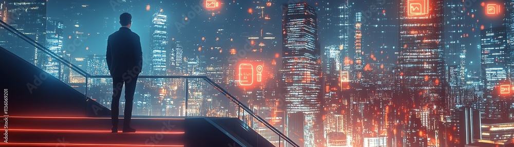 Man standing on stairs, looking at a cyber security dashboard, night city skyline with neon lights, digital locks and security data floating around Man standing on stairs, looking at a cyber security dashboard, night city skyline with neon lights, digital locks and security data floating around