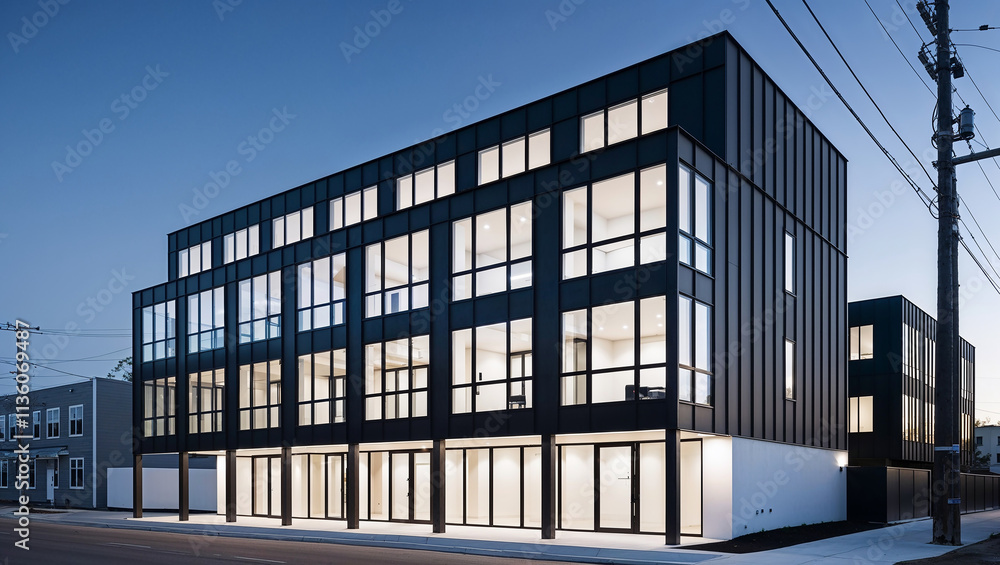 Fototapeta premium Modern black building illuminating the evening sky