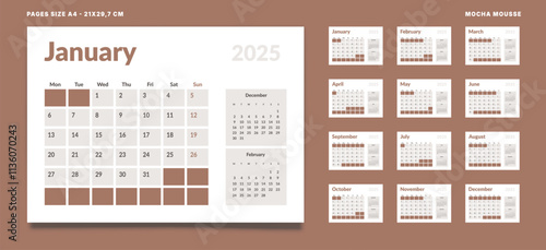 Set of 12 Pages Monthly Calendar Planner Templates on 2025. Vector mockup of wall or desktop calendar with the week start on Monday for print. Pages size A4 21x29.7cm