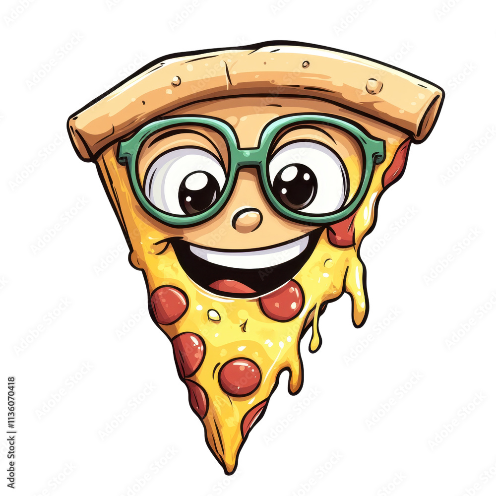 Happy Cartoon Pizza Slice with Glasses and Cheese Dripping Smiley Face Happy Cartoon Pizza Slice with Glasses and Cheese Dripping Smiley Face