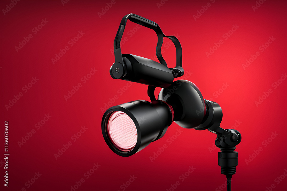 A sleek black spotlight with a red lens mounted on an adjustable arm against a vibrant red background A sleek black spotlight with a red lens mounted on an adjustable arm against a vibrant red background