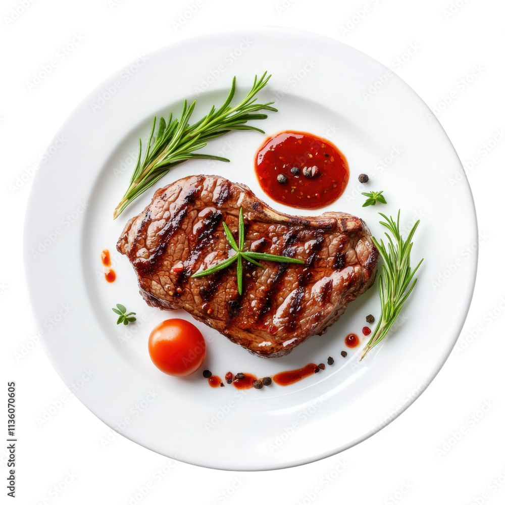 Juicy Grilled Steak with Garnish and Fresh Herbs on White Plate