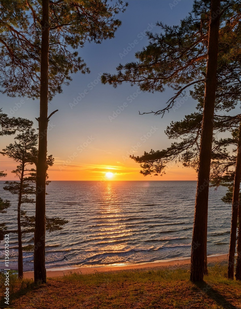 Generated image A Baltic Sea sunset framed by towering pine trees, with the sun dipping below the horizon Generated image A Baltic Sea sunset framed by towering pine trees, with the sun dipping below the horizon
