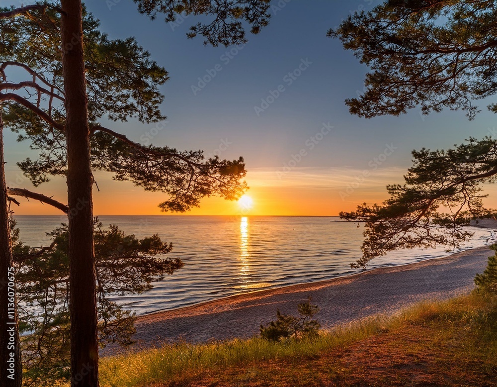 Generated image A Baltic Sea sunset framed by towering pine trees, with the sun dipping below the horizon Generated image A Baltic Sea sunset framed by towering pine trees, with the sun dipping below the horizon