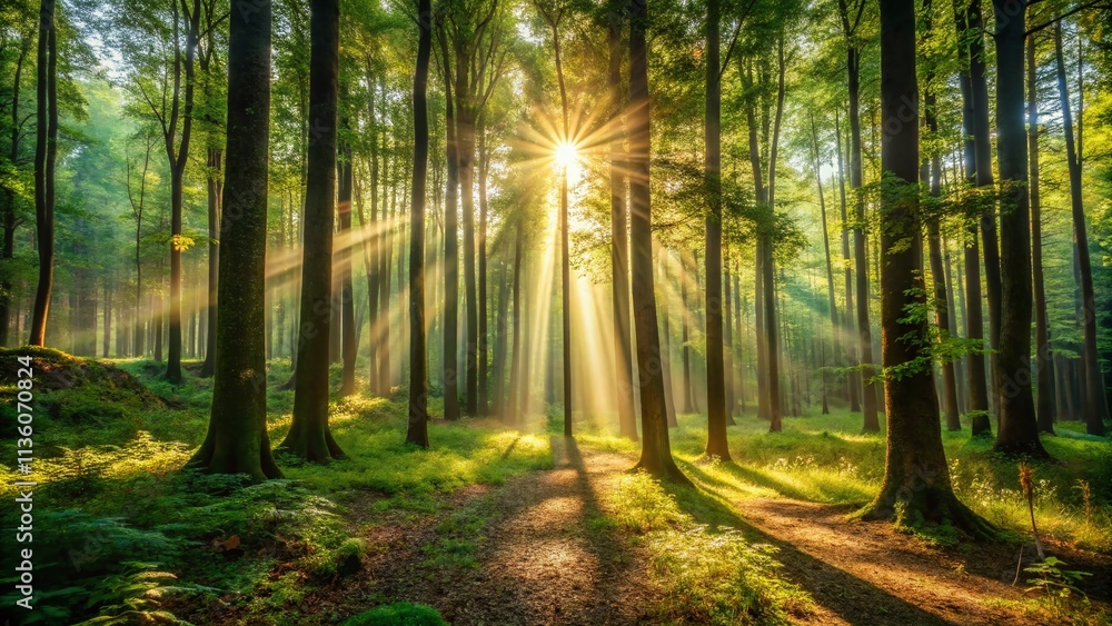 Fototapeta premium Captivating Minimalist Photography of Sunlight Filtering Through a Lush Forest Canopy, Creating Ethereal Patterns and Gentle Shadows on the Forest Floor