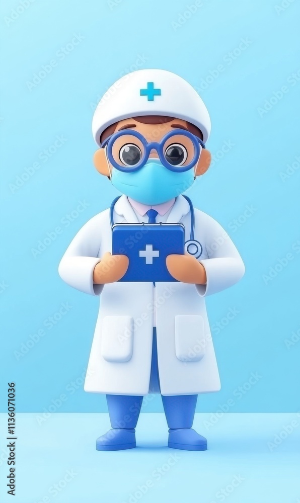 Cute cartoon doctor holding a clipboard, wearing a face mask and medical coat, on a blue background Cute cartoon doctor holding a clipboard, wearing a face mask and medical coat, on a blue background