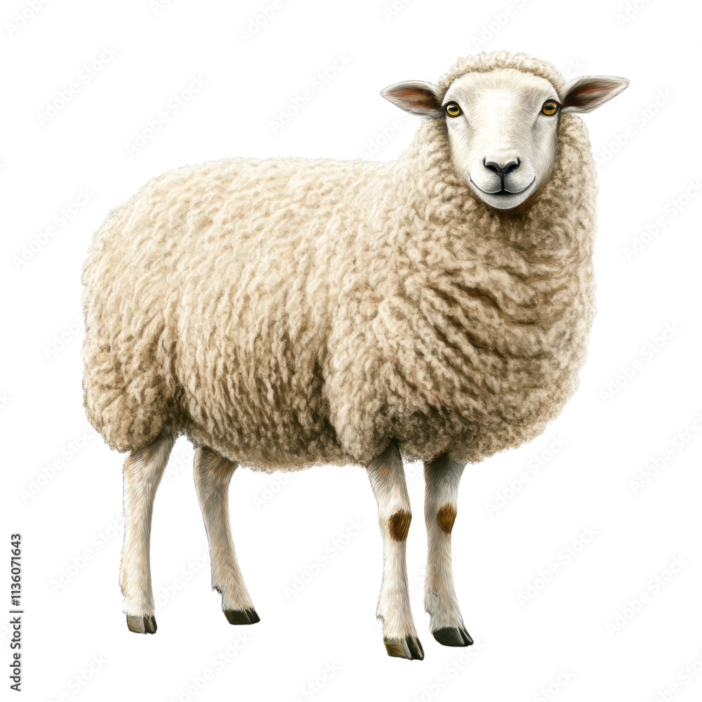 Fluffy White Sheep Grazing on a Green Pasture Landscape Fluffy White Sheep Grazing on a Green Pasture Landscape